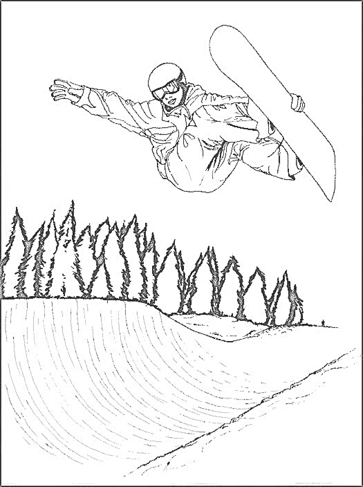 Раскраска Сноубордист в полете над заснеженным склоном на фоне деревьев
