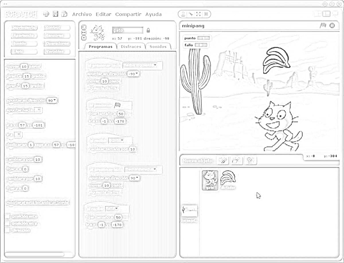 Scratch проект с программным кодом и котом на фоне пустыни с кактусами и скалами