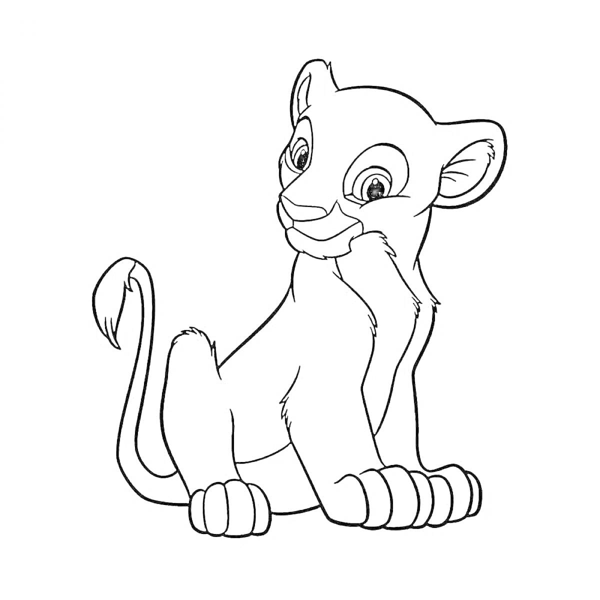 На раскраске изображено: Симба, Король лев, Для детей, Детский персонаж, Сидящий лев