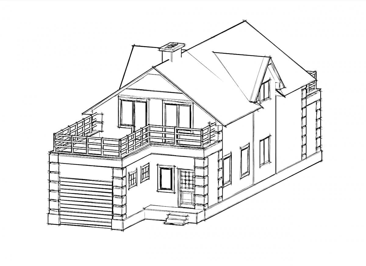 Раскраска Двухэтажный дом с гаражом, балконом и мансардой