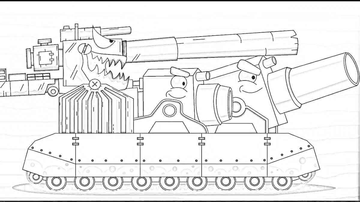 Раскраска Танк Дора Геранд с двумя экипажами и оружием, улыбающиеся лица, нарисованные как мультяшные персонажи