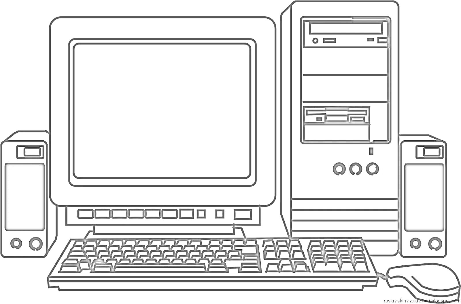 Раскраска Настольный компьютер с монитором, клавиатурой, мышью и колонками