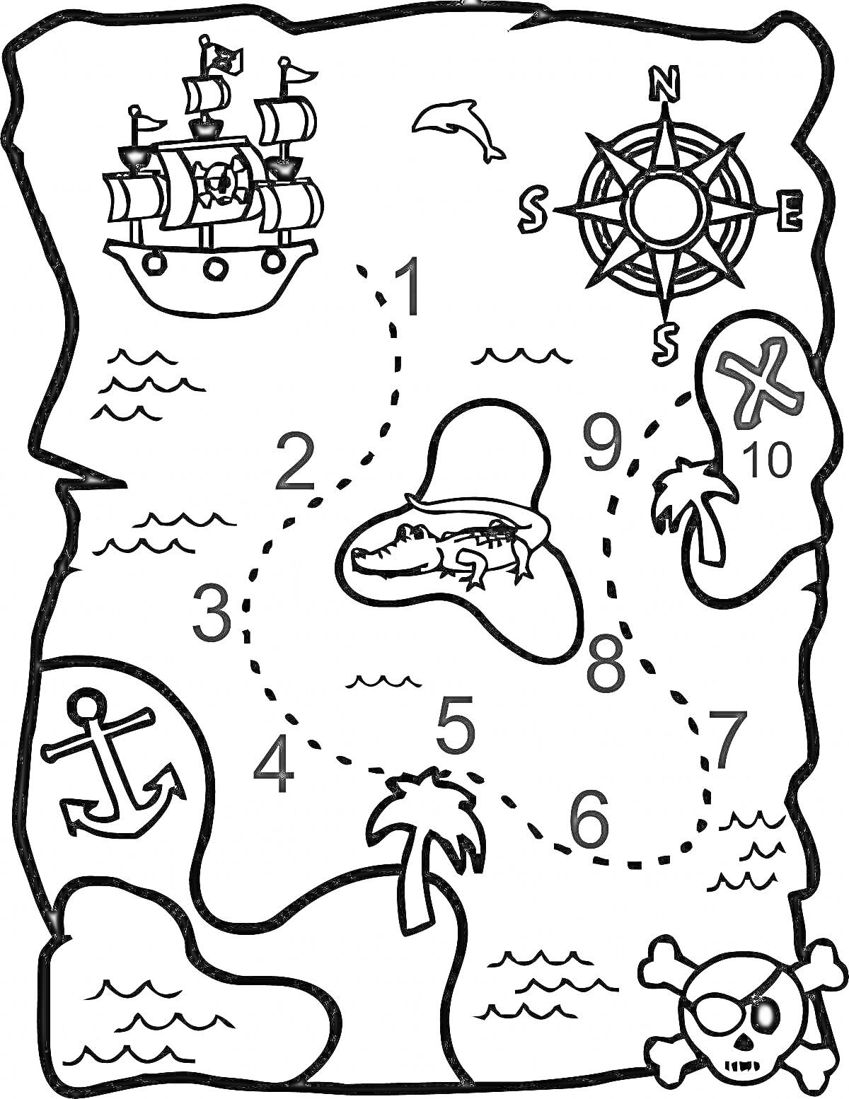 На раскраске изображено: Карта, Квест, Пиратский корабль, Череп, Остров, Крокодил, Компас, Сокровища, Маршрут, Пиратская тема