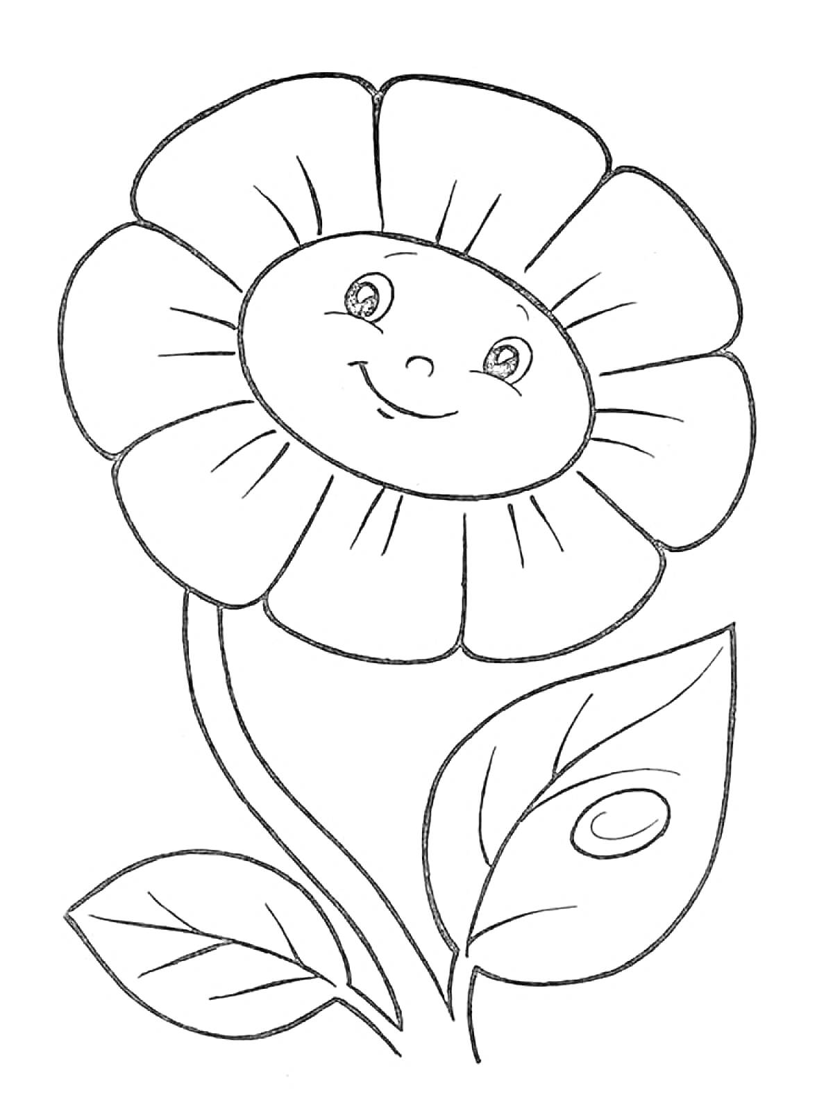 Раскраска Цветок с улыбающимся лицом и листьями