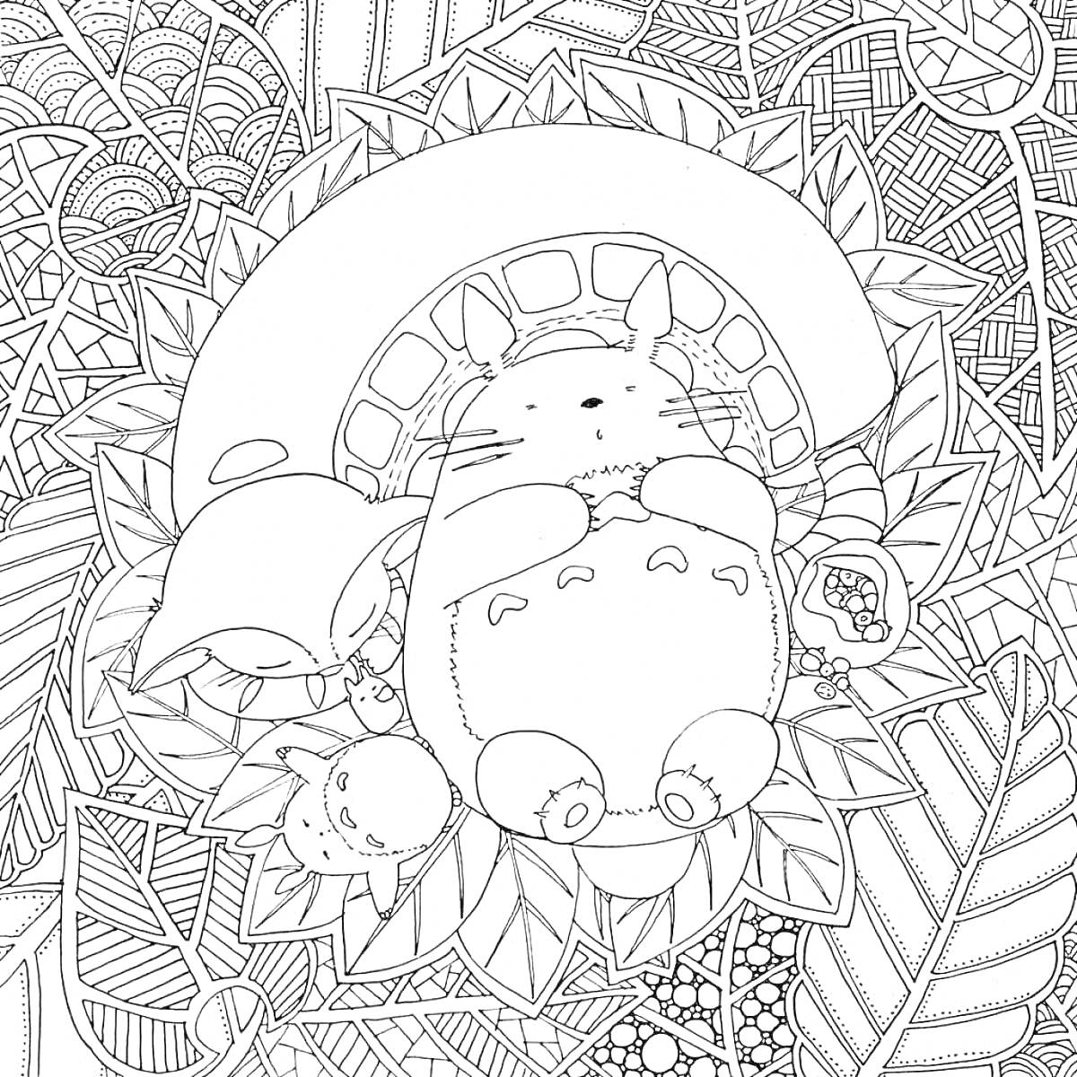 Раскраска Спящие существа на большом листе с замысловатыми узорами и листьями