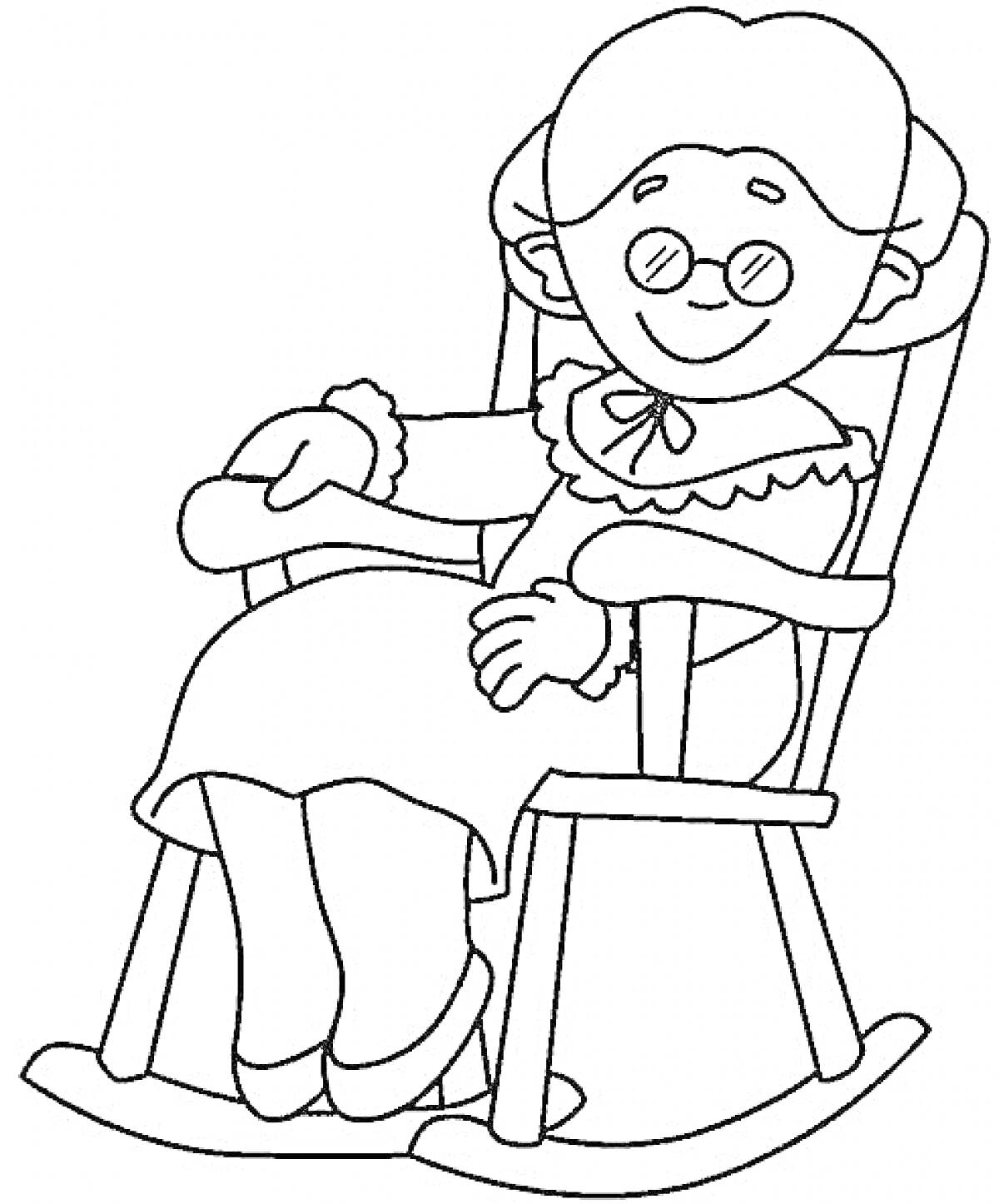 Раскраска Бабушка в очках сидит в кресле-качалке