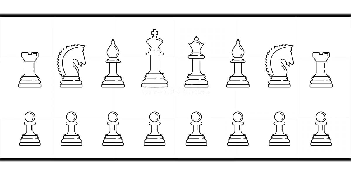 На раскраске изображено: Шахматы, Фигуры, Ладья, Конь, Слон, Король, Ферзь, Пешка