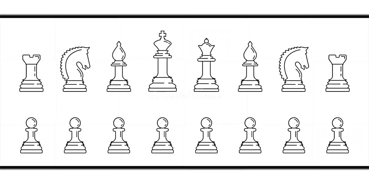 Раскраска Черно-белая раскраска шахматных фигур: ладья, конь, слон, король, ферзь, пешки