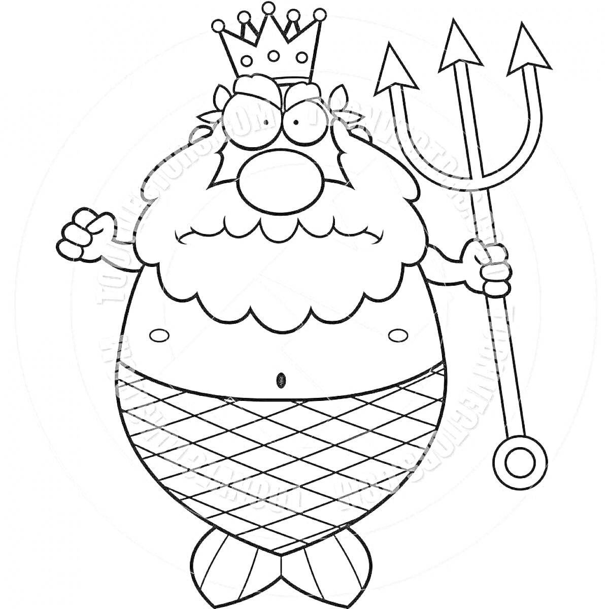 Раскраска Морской царь с трезубцем, короной и чешуйчатым хвостом