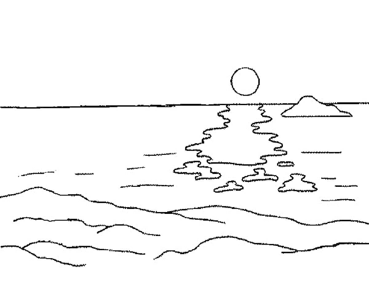 Раскраска Пляж с морем, солнцем и островом на горизонте