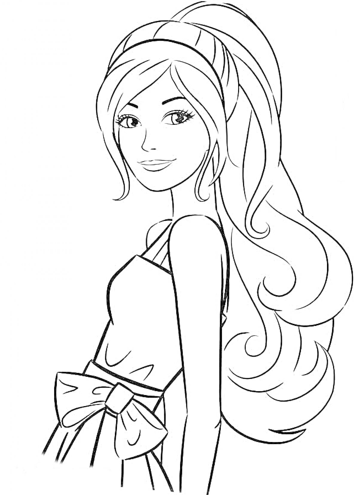 Раскраска Девушка с длинными волосами, одета в платье с большим бантом