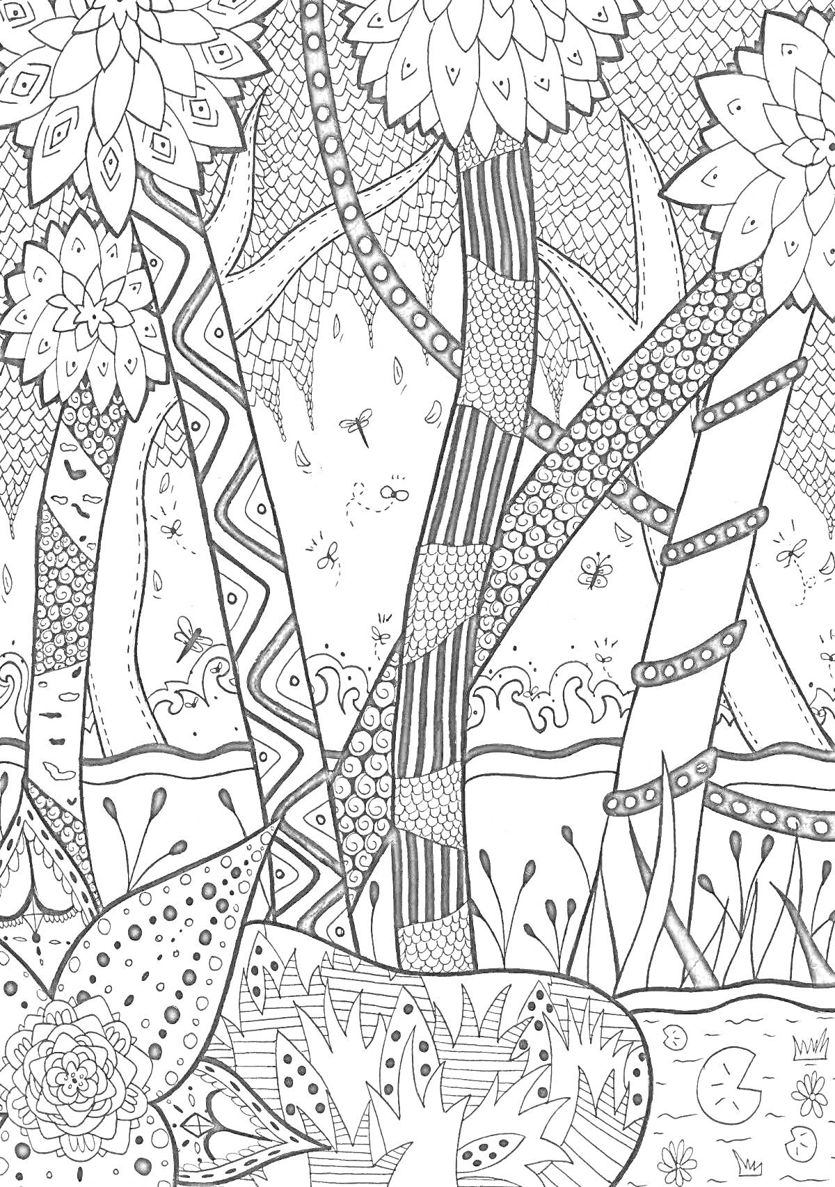 Раскраска Лес антистресс с деревьями, цветами, листьями, травой, насекомыми и узорами