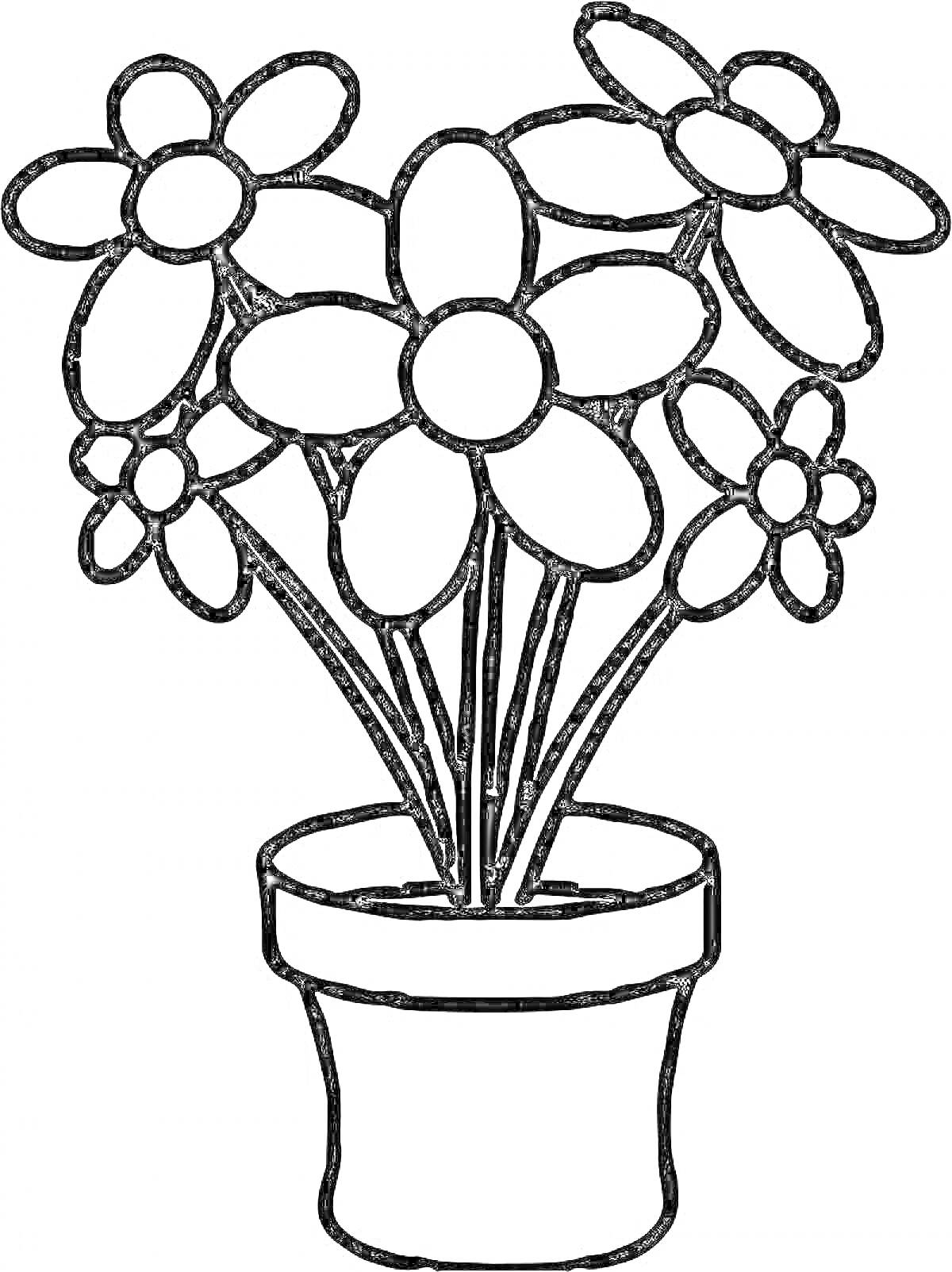 Раскраска Ваза с цветами, пять крупных цветов и три небольших цветка