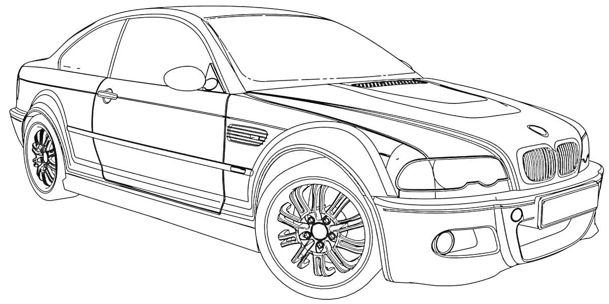 На раскраске изображено: BMW M5, Седан, Спорткар, Колёса, Фары, Бампер, Ручки дверей