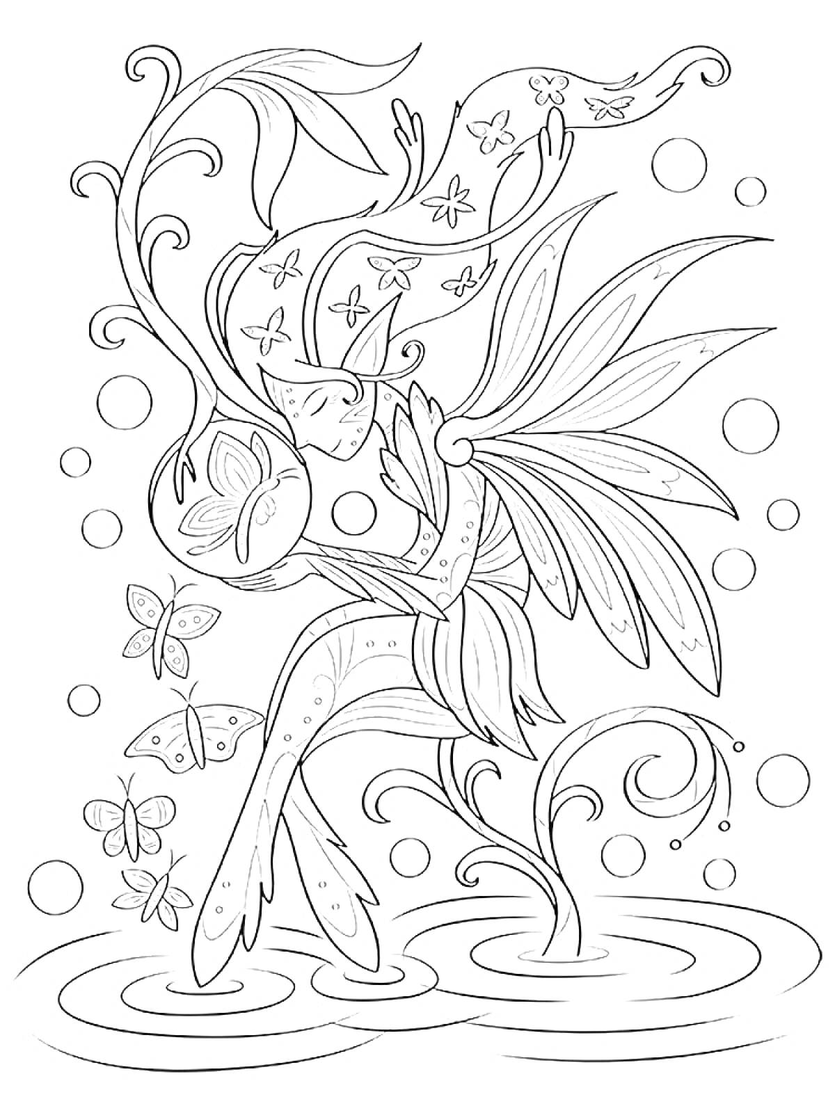 Раскраска Фея с бабочками на воде среди цветов и кругов