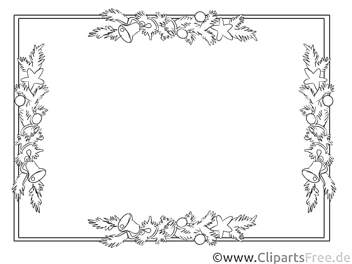 На раскраске изображено: Новогодняя рамка, Еловые ветки, Звезды, Рождество, Новый год