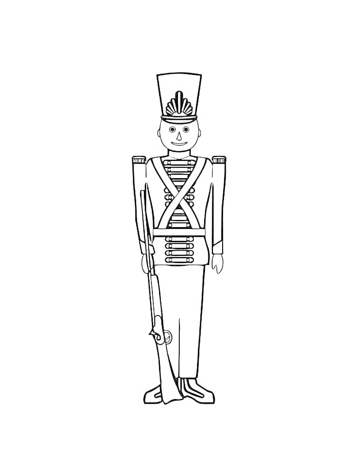 Раскраска Солдатик с ружьем в высокой шляпе и форменной одежде