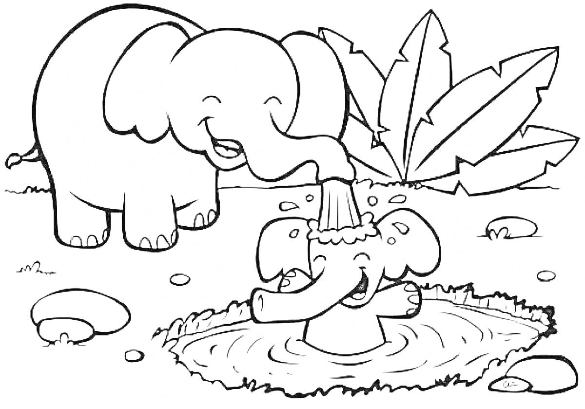 На раскраске изображено: Водоем, Растения, Камни, Африка, Природа, Животные, Слон