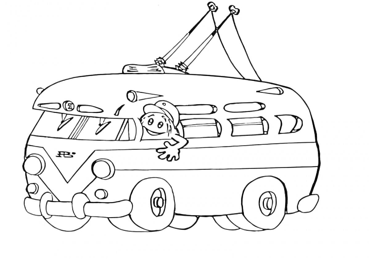 На раскраске изображено: Троллейбус, Водитель, Транспорт, Провода, Колеса, Из мультфильмов