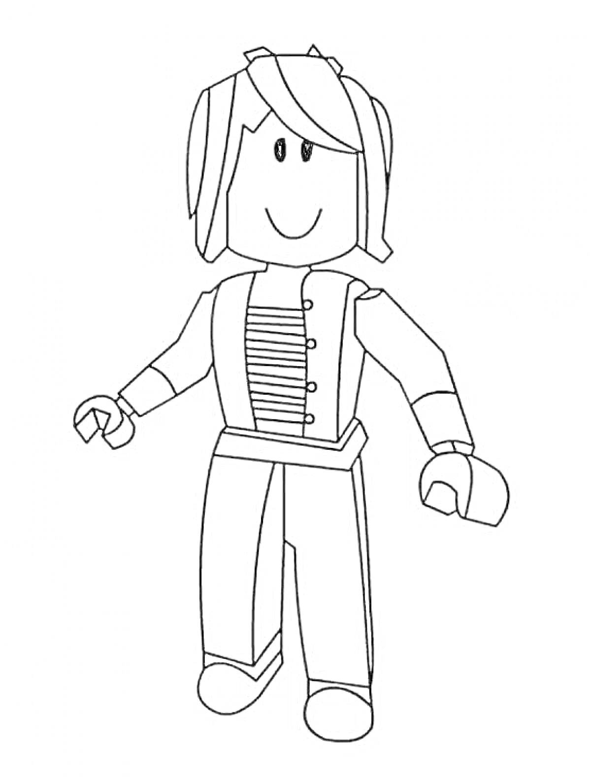 Раскраска Девочка из Роблокс в куртке с пуговицами и полосками, с длинными волосами и улыбающимся лицом