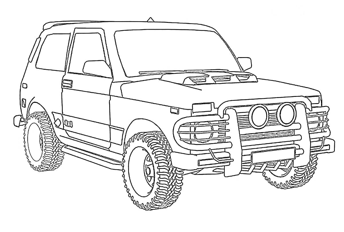Российский внедорожник с дополнительными фарами и защитным бампером
