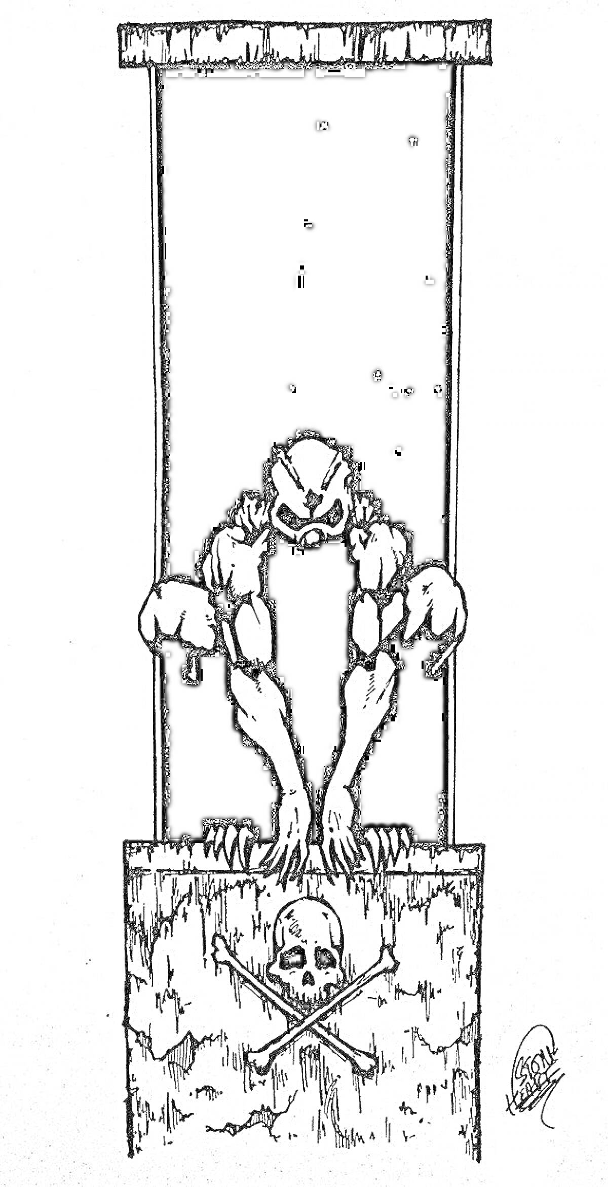 Раскраска Монстр, в маске, появляется в проеме, каменный фронтон с черепом и перекрещенными костями