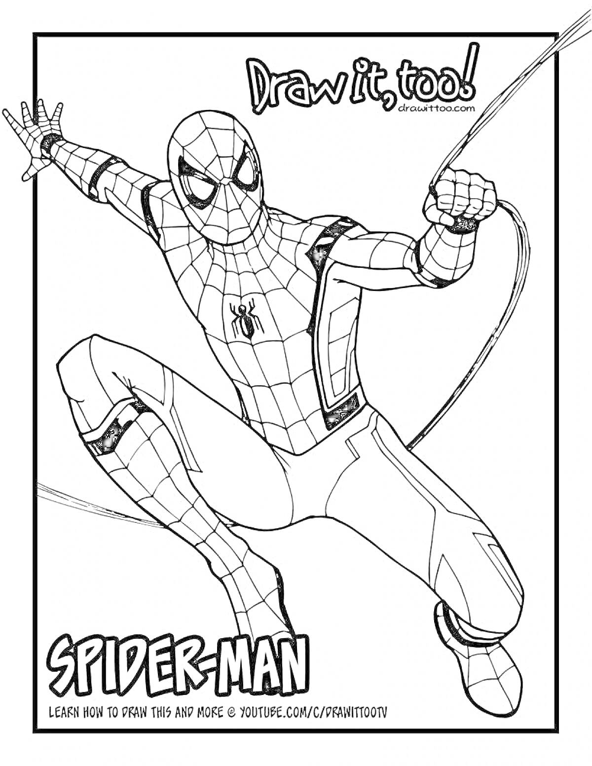 Раскраска Человек-Паук в костюме, выпускающий паутину, надпись 