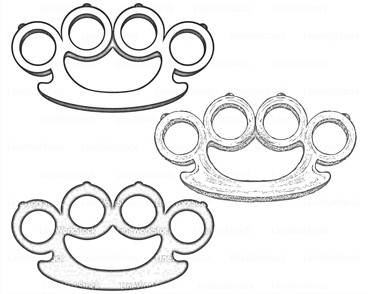 Раскраска Три кастета в разных стилях (контурный, текстурированный, заполненный черным)