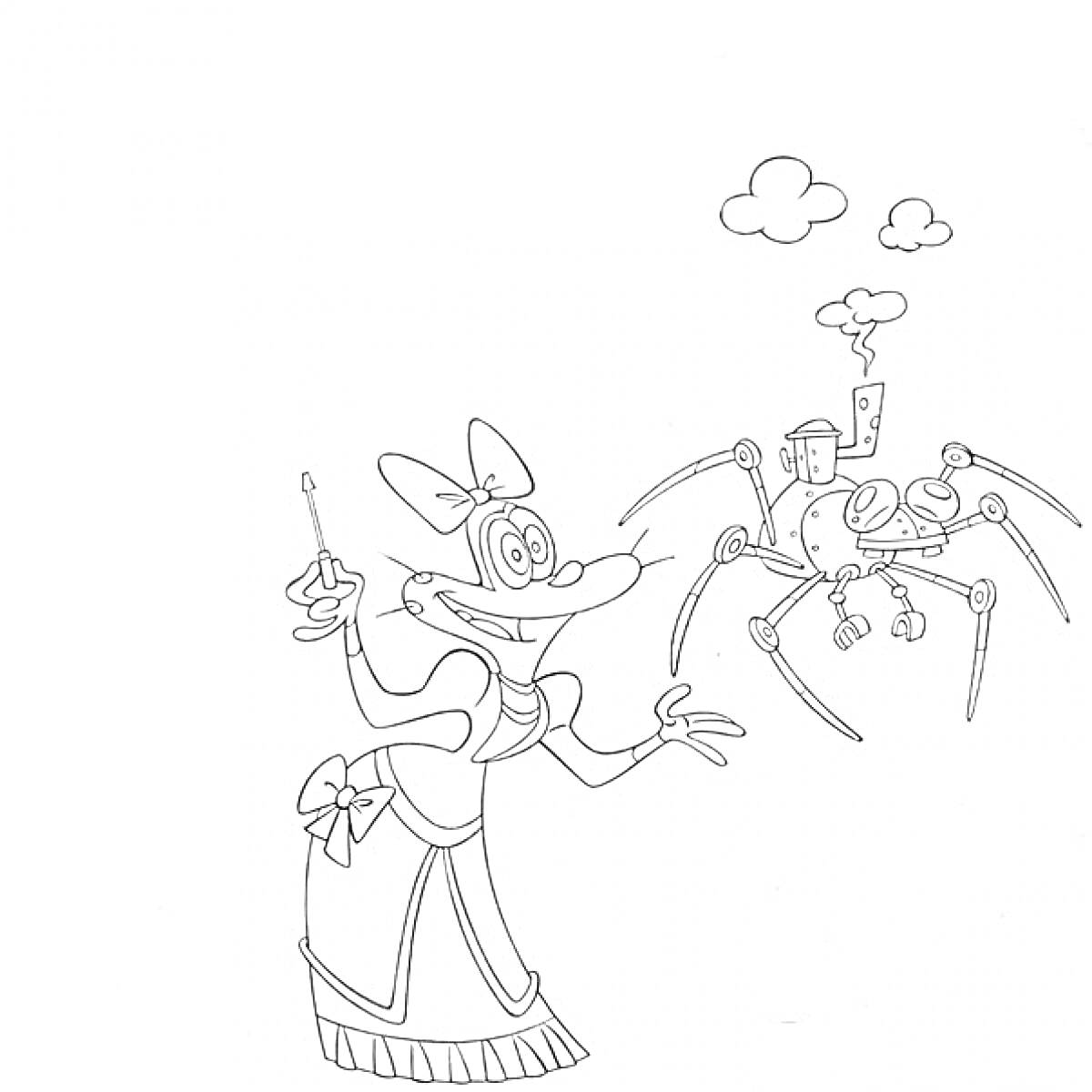 Раскраска Персонаж в платье с бантом и управляемый механический паук с облаками на заднем плане