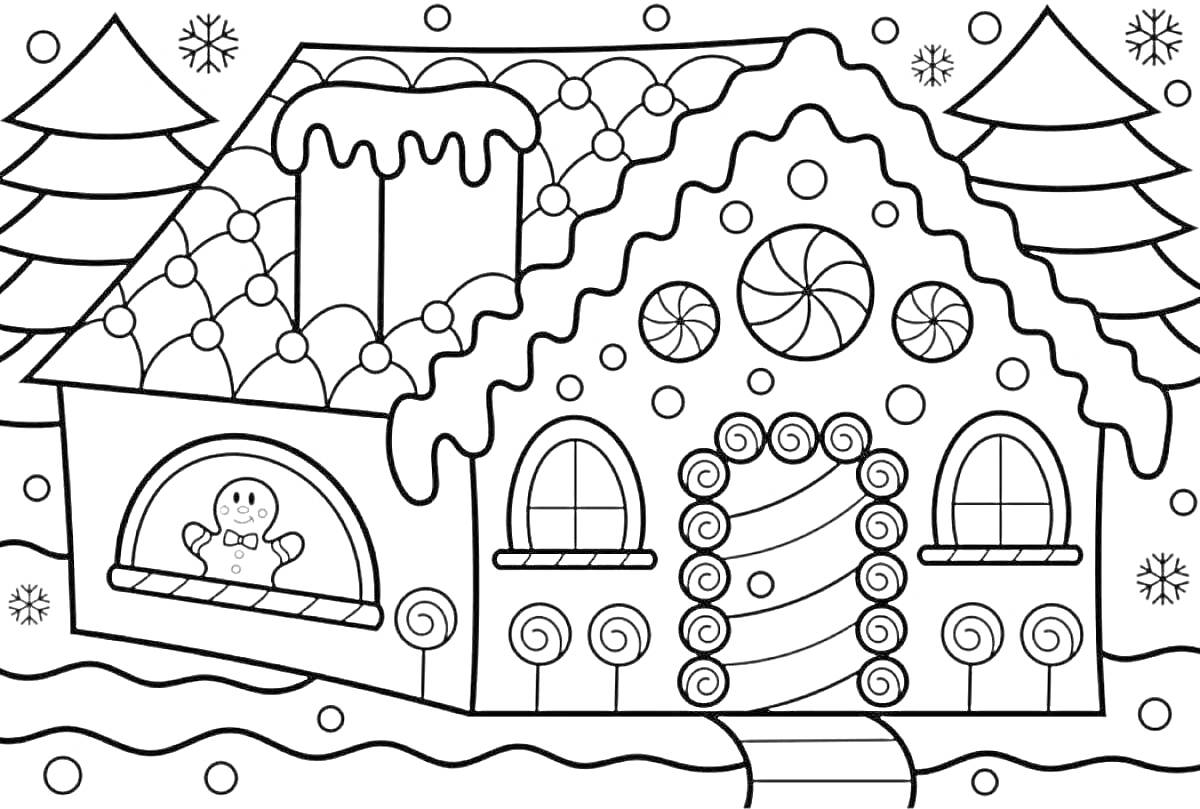 На раскраске изображено: Пряничный домик, Конфеты, Зима, Снег, Новогодние украшения, Для детей, Домик, Елки, Пряничные человечки