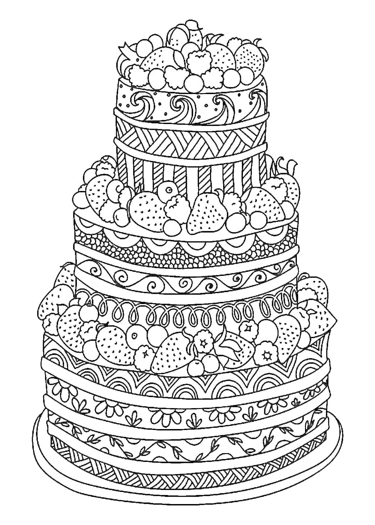 На раскраске изображено: Торт, Трехъярусный, Фрукты, Ягоды, Украшения, Узоры