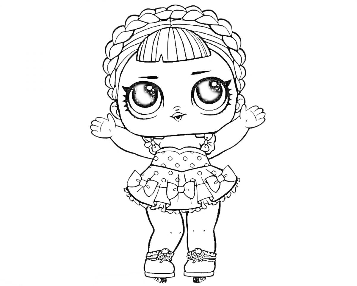 Раскраска Кукла Лол с косичками, в платье с воланами, на роликах, руки в стороны