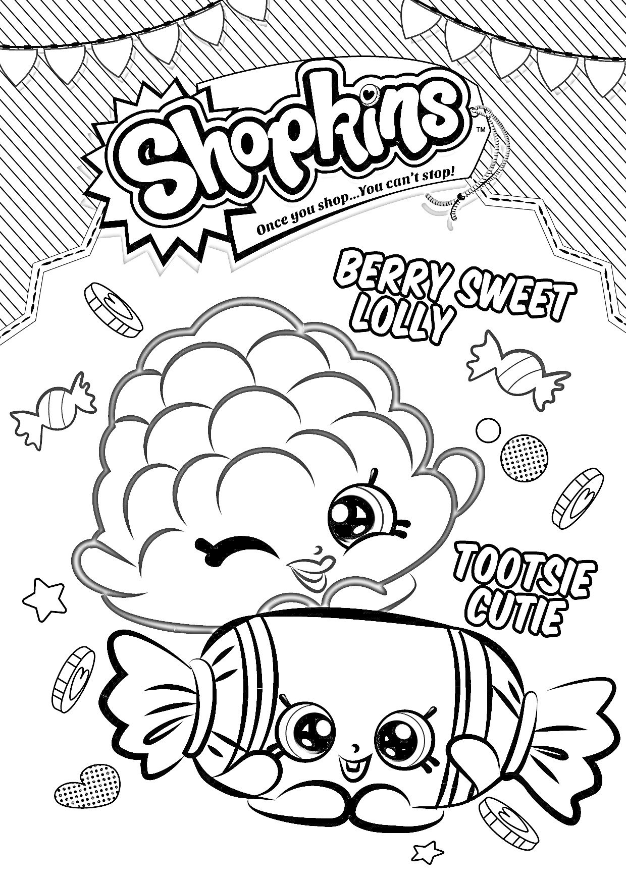 Раскраска Berry Sweet Lolly и Tootsie Cutie с леденцами и звездами на фоне
