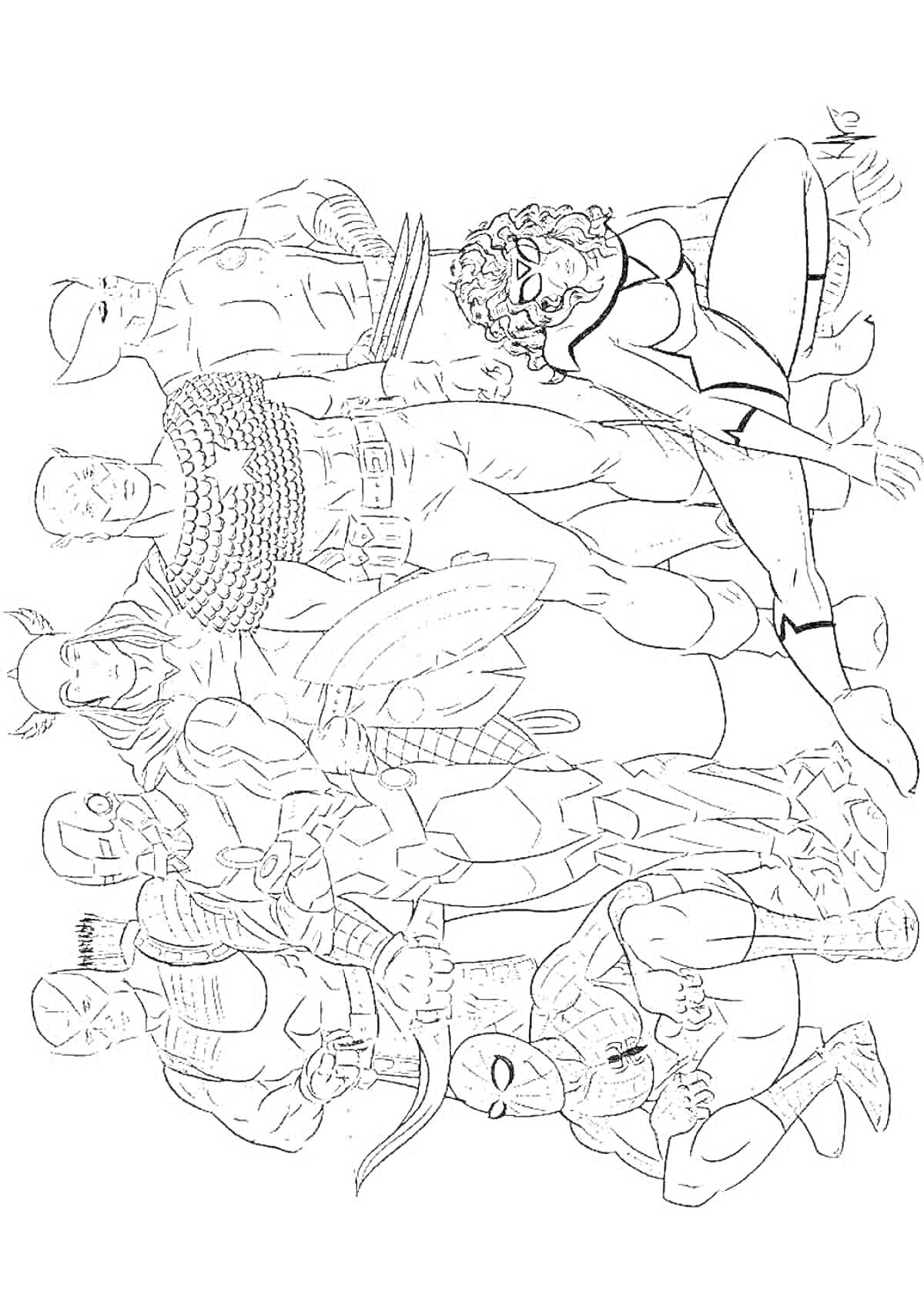 На раскраске изображено: По номерам, Супергерои, Комиксы, Капитан Америка, Человек-паук, Железный Человек, Черная вдова, Тор, Росомаха