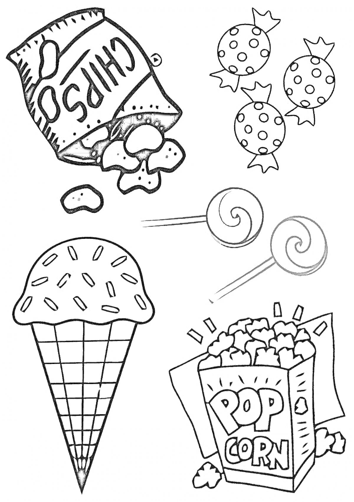 Раскраска Чипсы, леденцы на палочке, карамельки, мороженое в вафельном рожке, попкорн