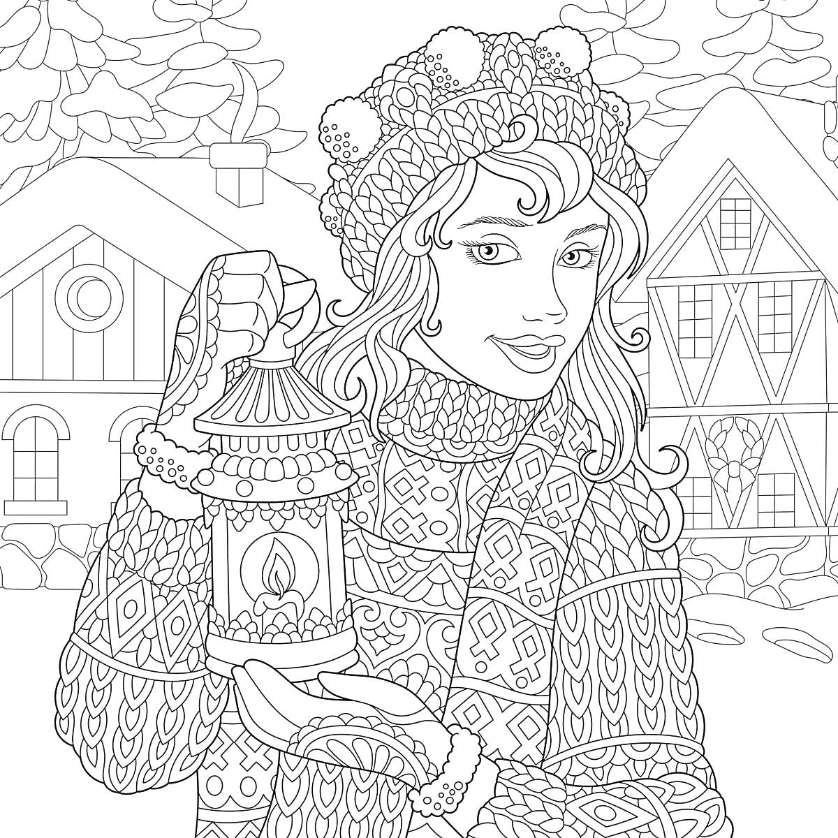 Раскраска Девушка в свитере и вязаной шапке с фонарем на фоне зимних домиков и деревьев