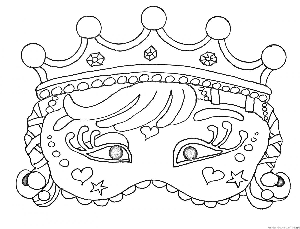 Раскраска Театральная маска с короной, звездами, сердцами и волнистыми волосами
