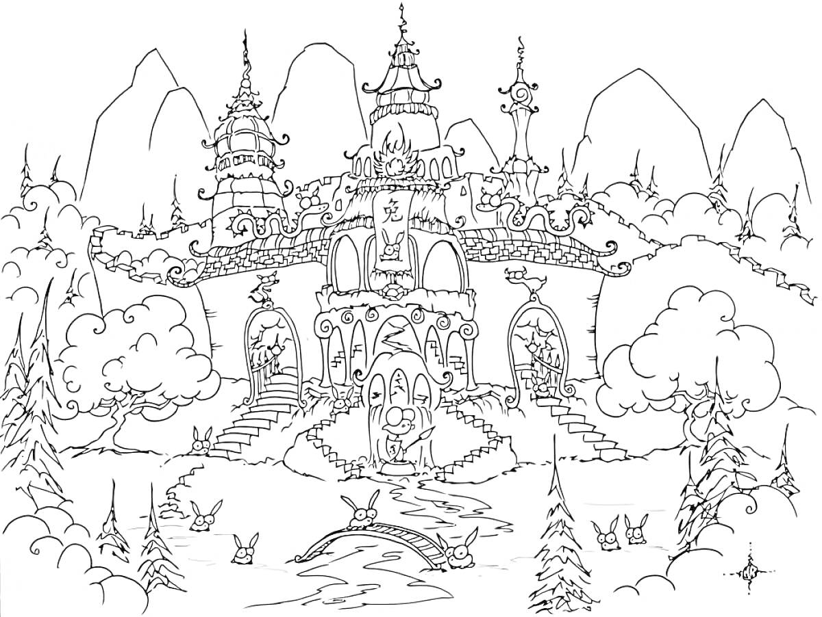 Раскраска Замок в горах с башнями, лесом и зверями