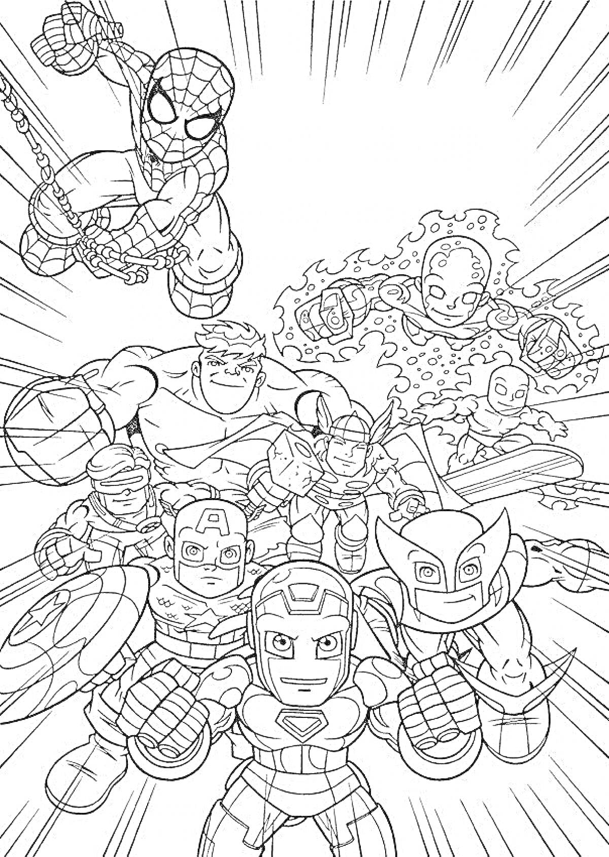 На раскраске изображено: Супергерои, Марвел, Человек-Паук, Тор, Капитан америка, Халк, Железный человек, Росомаха, Человек-Факел, Творчество, Для детей