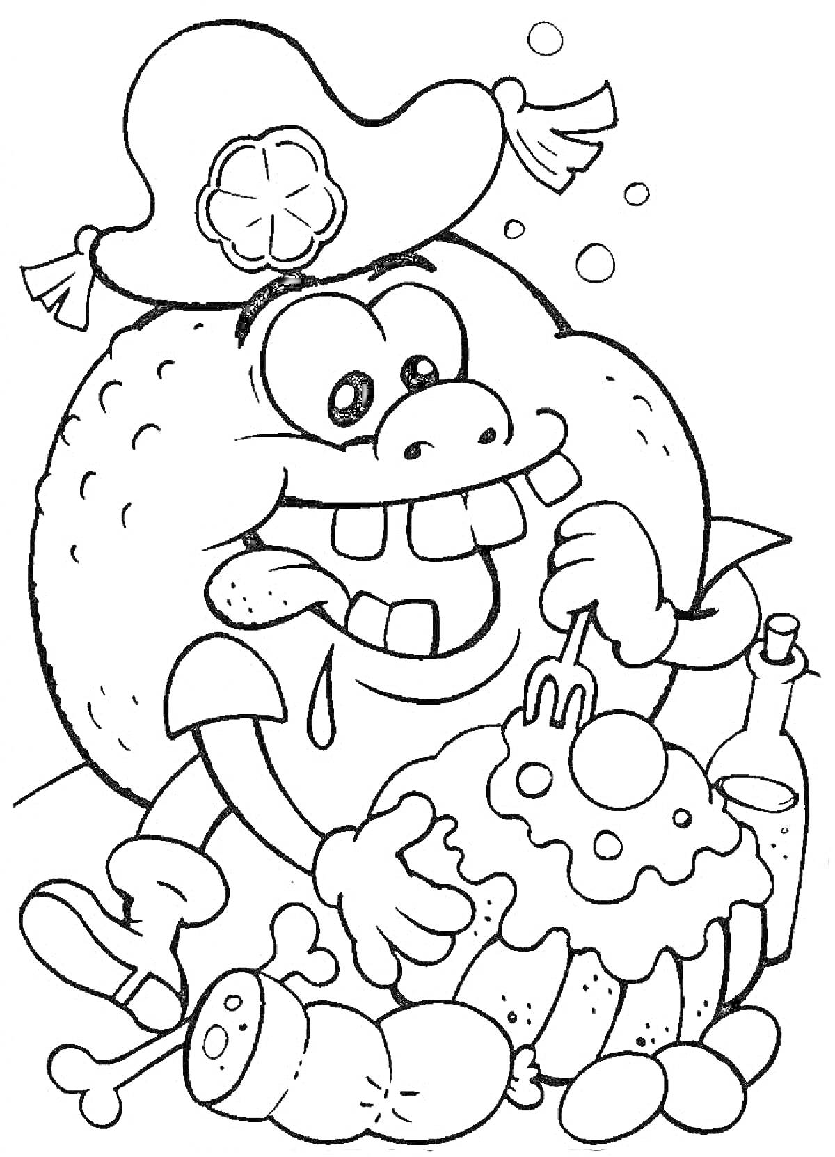 Раскраска Мандарин-пират ест пирог с вишней, рядом лежат кости, колбаса и бутылка