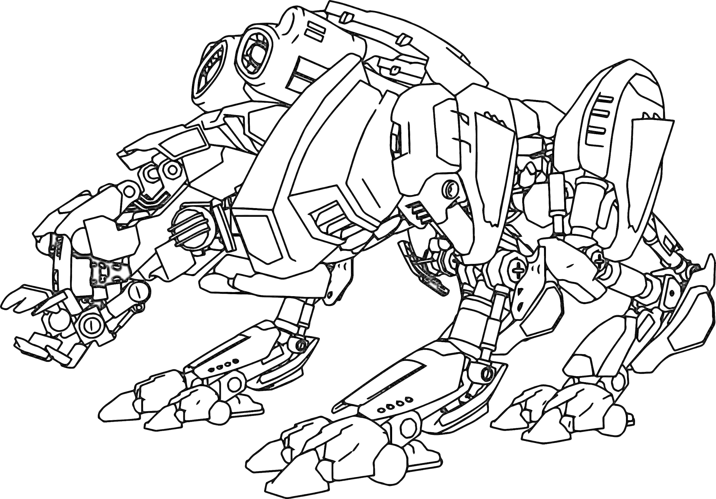 Раскраска Боевой робот на четырех лапах с множеством деталей и элементами механики