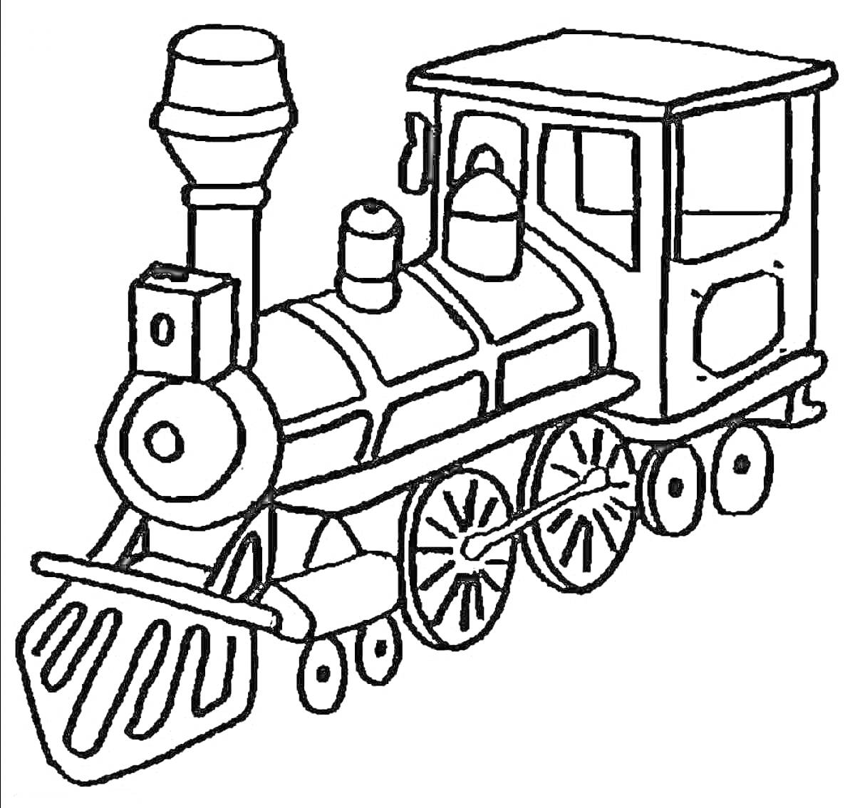 На раскраске изображено: Поезд, Паровоз, Труба, Транспорт, Железная дорога, Для детей, Вагоны