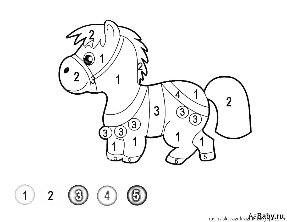 На раскраске изображено: Пони, По номерам, Для детей, 4-5 лет, Обучение, Творчество