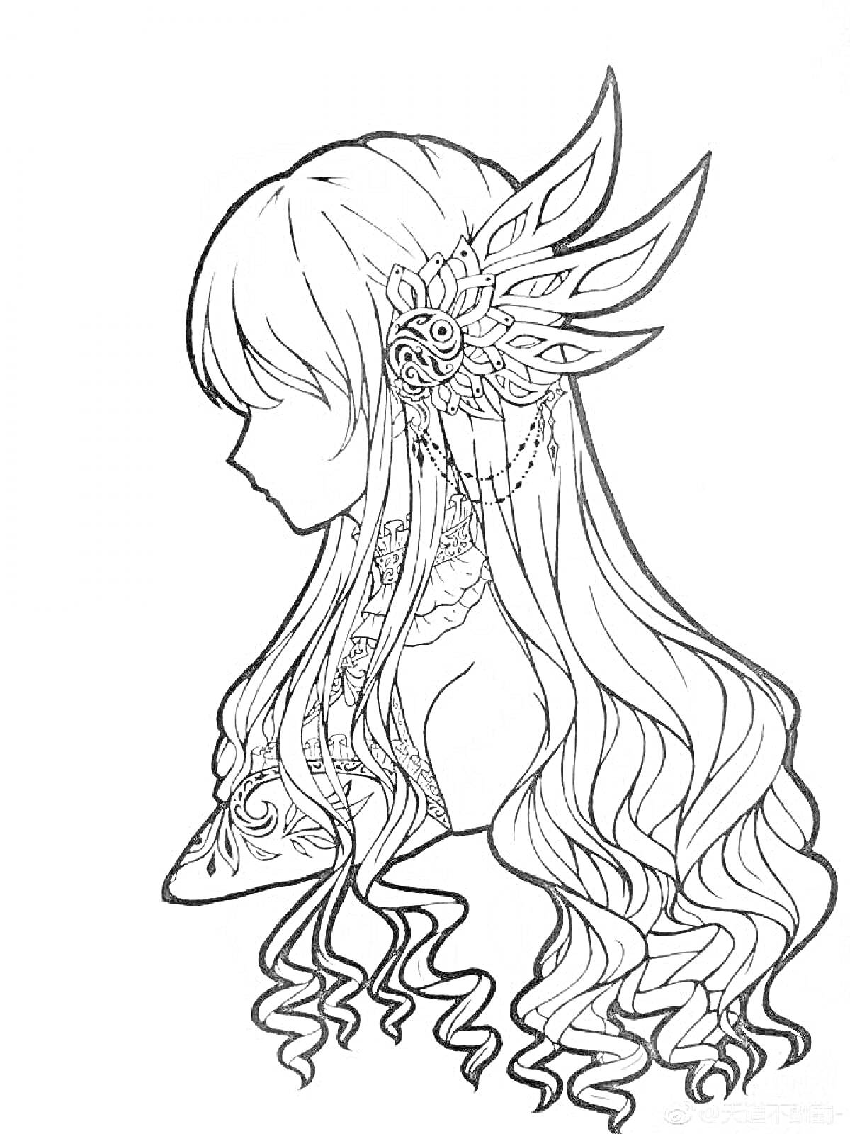 Раскраска Профиль аниме девушки с длинными волосами, украшенными цветком и декоративными элементами