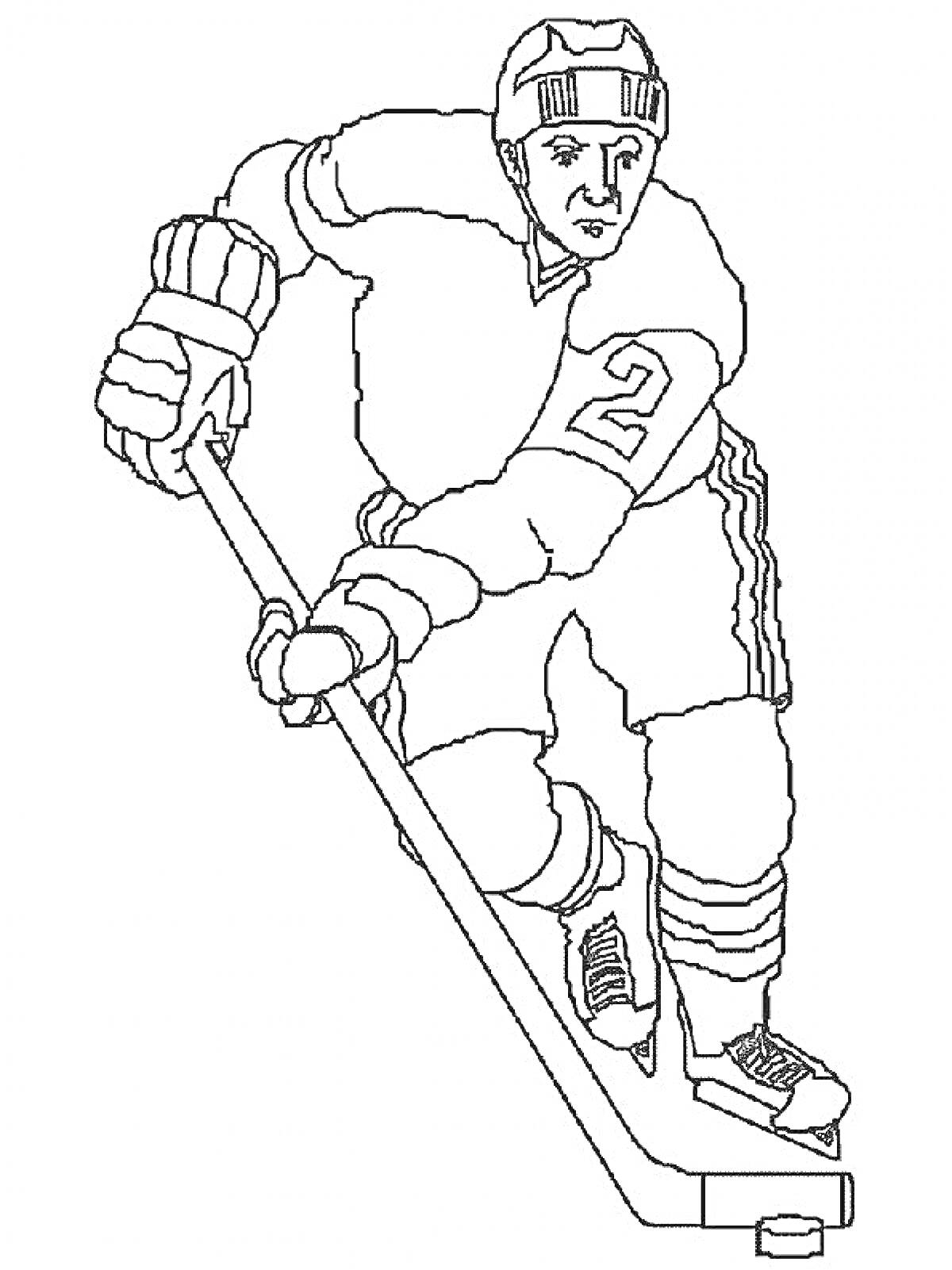 Раскраска Хоккеист с клюшкой и шайбой в движении, номер 2 на форме