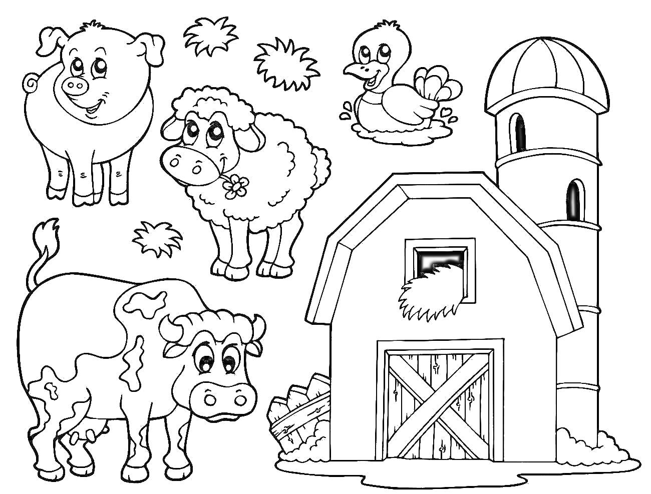 Раскраска На ферме: корова, баран, поросенок, утенок и амбар