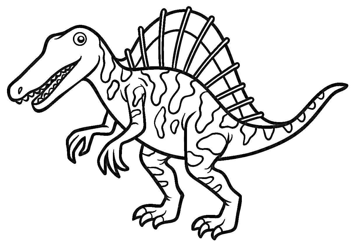 На раскраске изображено: Спинозавр, Динозавр, Животные, Доисторические, Гребень