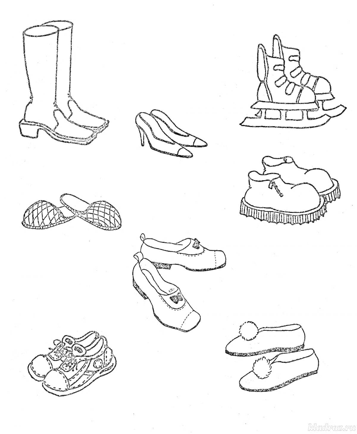 На раскраске изображено: Сапоги, Туфли на каблуке, Коньки, Кроссовки