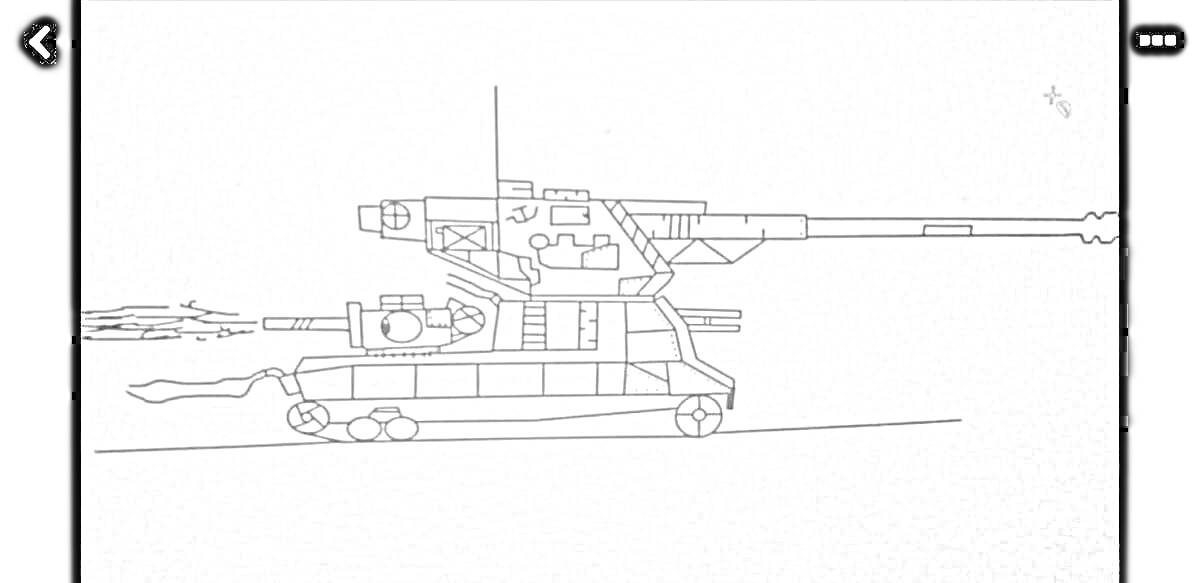 Раскраска Танк с длинным стволом, выстрел, гусеницы