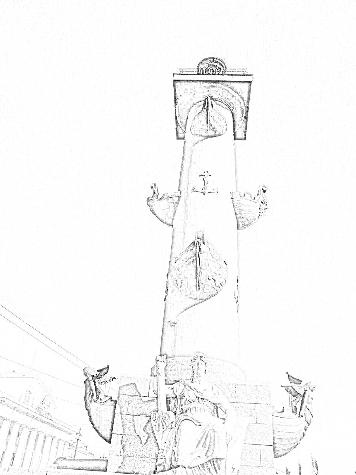 На раскраске изображено: Ростральная колонна, Статуя, Архитектура, Санкт-Петербург